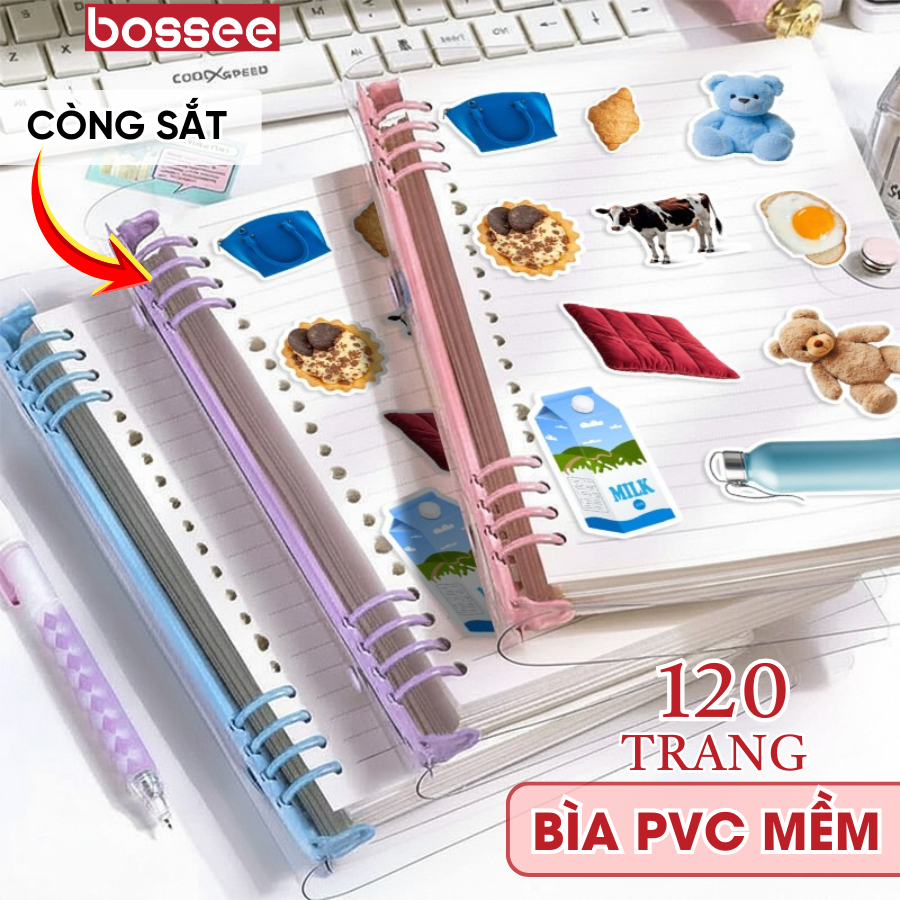 Sổ còng sắt A5/ B5 bìa mềm PVC tặng Sticker, binder journal 8 còng pastel tháo mở thay giấy dễ dàng
