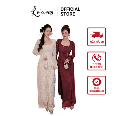 Áo Dài Cao Cấp Ren Lưới Tay Loe Phối Lông LECOONG AD07 Áo Đẹp Hai Màu Đỏ Be Đi Tiệc Sang Chảnh