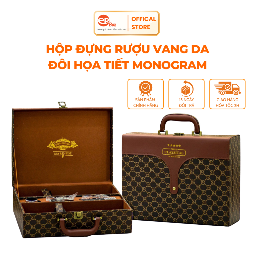 Hộp Đựng Rượu Da Đôi Epvina Box Kẻ Caro CLASSICAL Màu Nâu Khay Nhung 3 Phụ Kiện