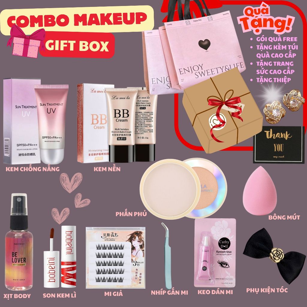Combo quà tặng noel, sinh nhật cho bạn nữ Makeup Đi Tiệc & Hằng Ngày kèm mi, set trang điểm