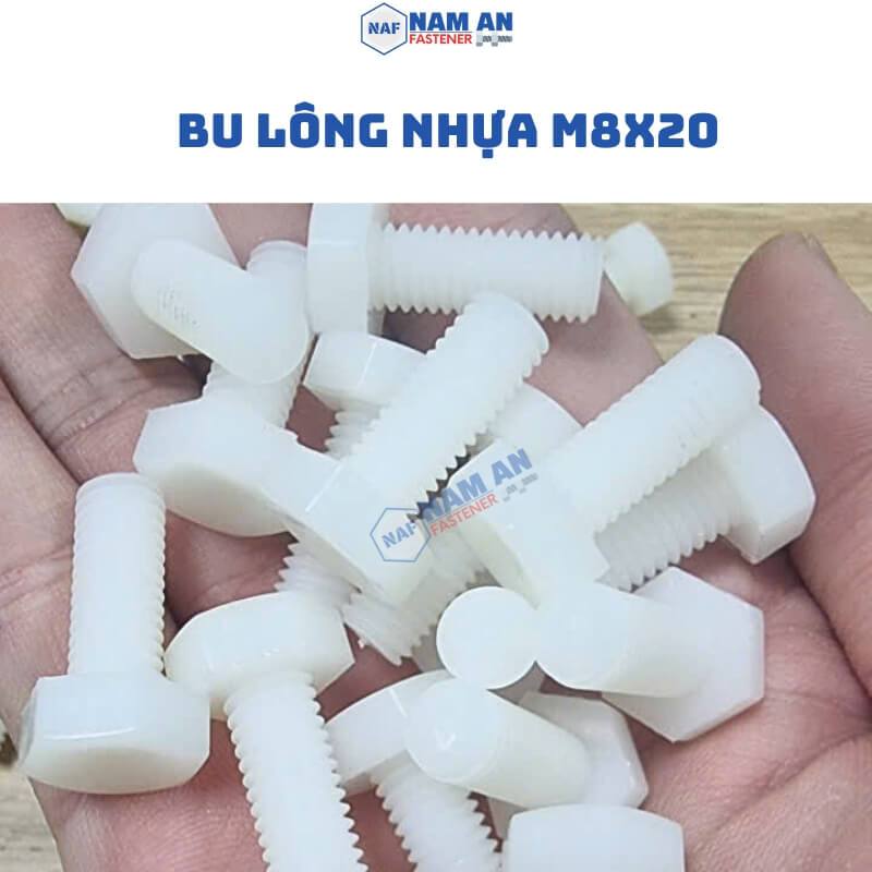 50 Con Bulong Lục Giác Nhựa M8x20,Nhựa PA66 (Nylon 66), Màu Trắng, Bu Lông Nhựa M8x20, 50 Con/Combo