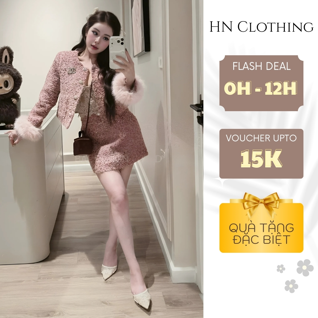 Set dạ tweed hồng phối lông sang chảnh form chuẩn tiểu thư đi tiệc,chơi tết 2026 HN Clothing S132