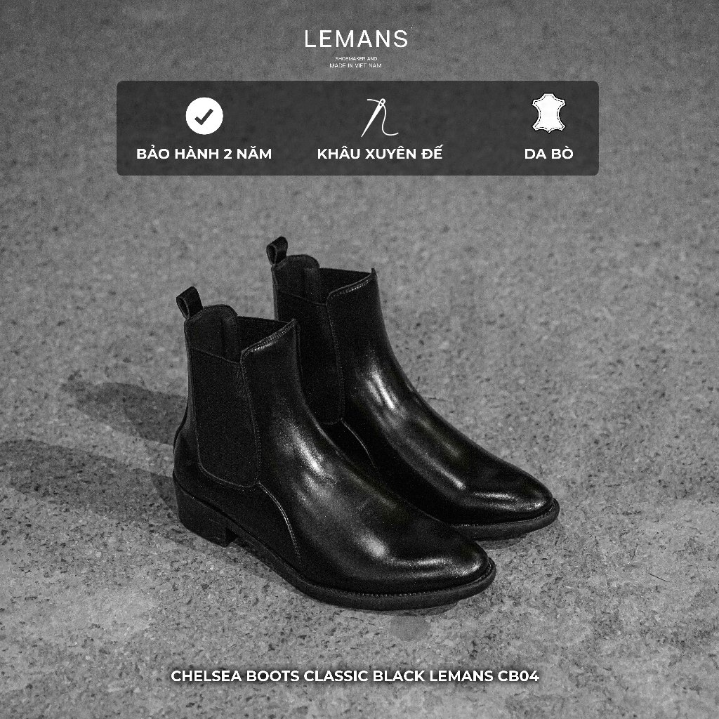 Giày Chelsea Boots nam LEMANS màu đen CB04.1 - Da Bò - Mũi nhọn - Đế thơm cao 5cm - Bảo hành 24 tháng