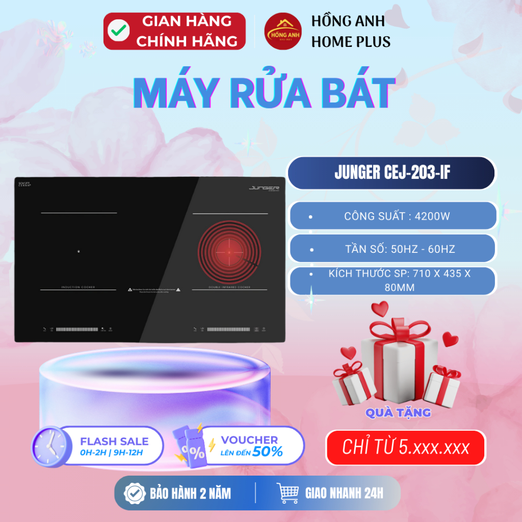 Bếp đôi điện từ hồng ngoại Junger CEJ203IF công suất 4200W, 1 vùng từ 1 vùng hồng ngoại,kính ceramic