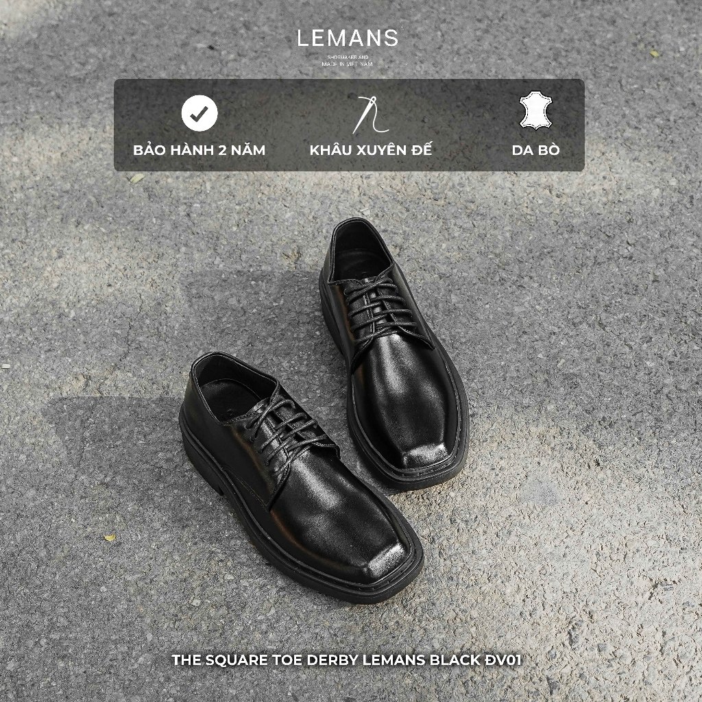 Giày Mũi Vuông The Square Toe Derby LEMANS Black ĐV01.1 - Da Bò, Đế cao su McKay 4cm, BH 24 tháng