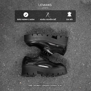 Giày chunky Derby nam LEMANS màu đen CĐ7.1, da bò, đế cao 7cm có khâu, Bảo hành 24 tháng