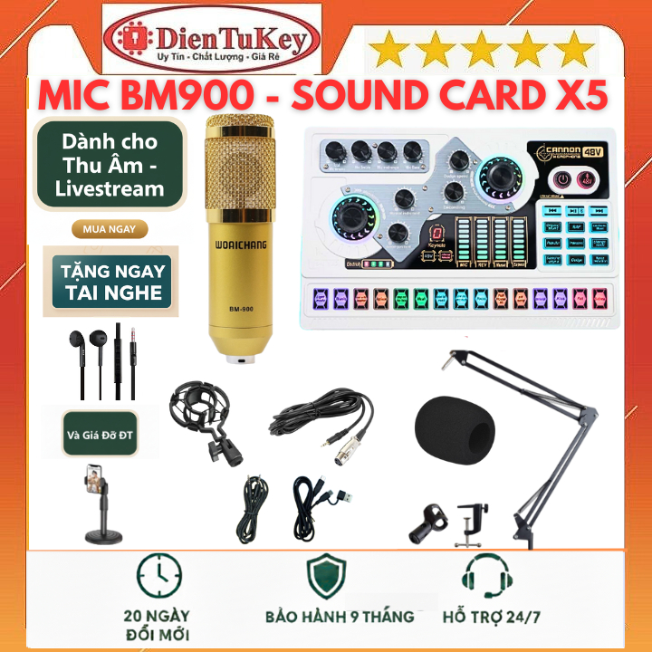 Bộ Sound Card X5, Micro BM900 kèm tai nghe chuyên Hỗ Trợ nguồn 48v Hát Autotune , Livestream , Thu Â