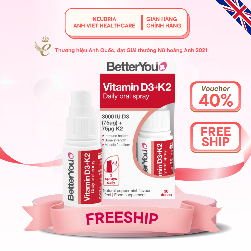 Combo 2 Vitamin D3K2 Better You dạng xịt tăng đề kháng xương chắc khoẻ dành  từ Anh Quốc