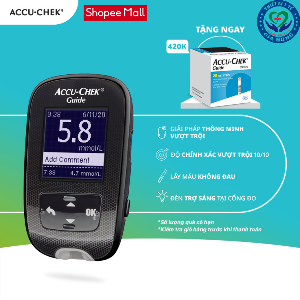 Máy đo đường huyết Accu-Check Guide + Kèm 25 que test thử máu và 6 kim lấy máu