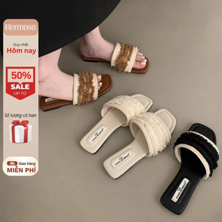  Dép Lê Nữ Đế Bệt 2cm Quai Ngang Phối Vải Vải Canvas Hoạ Tiết Tua Rua Mũi Vuông Nhẹ Nhàng 