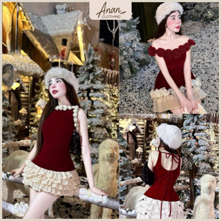  Váy Nhung Trễ Vai Đính Bông Hồng Phối Bèo Tơ Ánh Kim Dáng Xòe Sang Chảnh Phù Hợp Mặc Đi Chơi Noel Tết - Ananclothing 