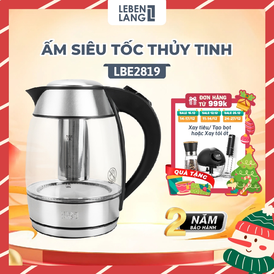 Ấm siêu tốc 1.8 lít bình thủy tinh LEBENLANG LBE2819 gồm lõi lọc trà bằng inox, bảo hành 2 năm
