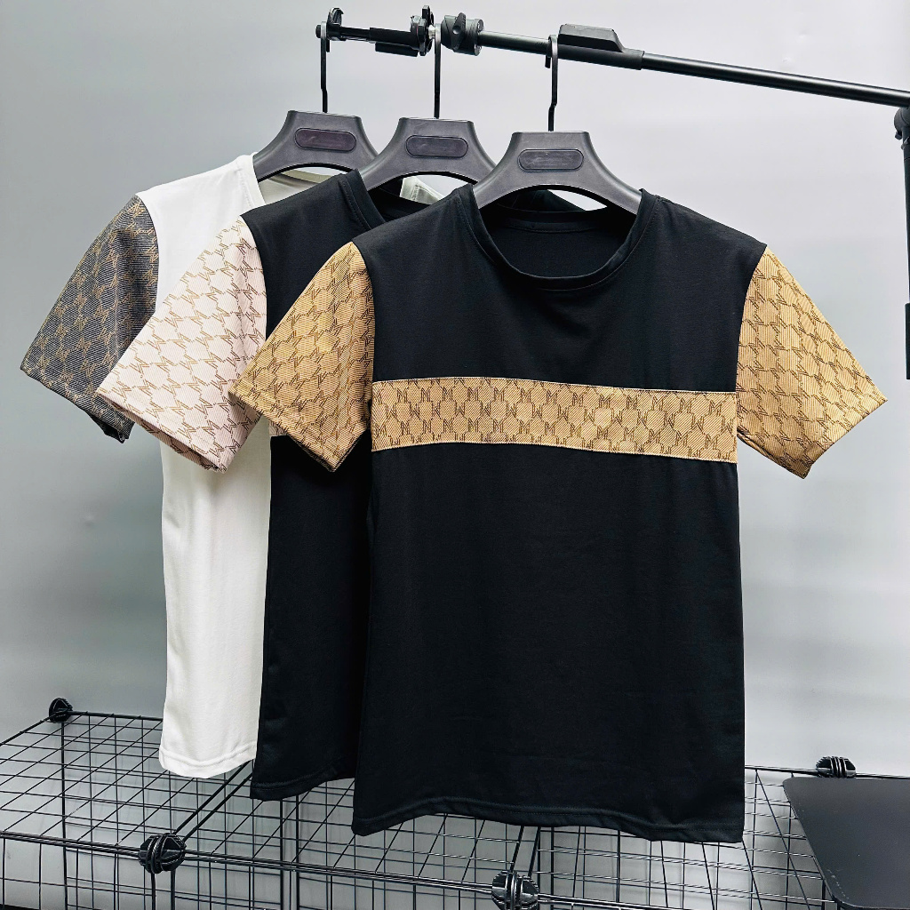 P104 Áo thun nam tay ngắn cổ tròn vải cotton co giãn phối họa tiết thời trang màu đen màu trắng