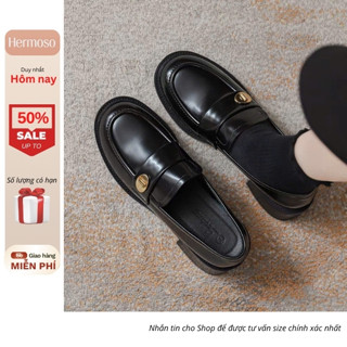  Giày lười  Giày Loafer Nữ Đai Ngang Đính Khoá Kim Loại Tròn Chữ Thập Đế Cao 4,5 cm Da Bóng Mềm 