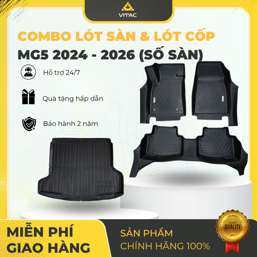 Freeship_COMBO_Vitac_Thảm lót sàn nhựa, lót cốp tràn viền 5D MG MG5 2024-2026 (4 tấm)