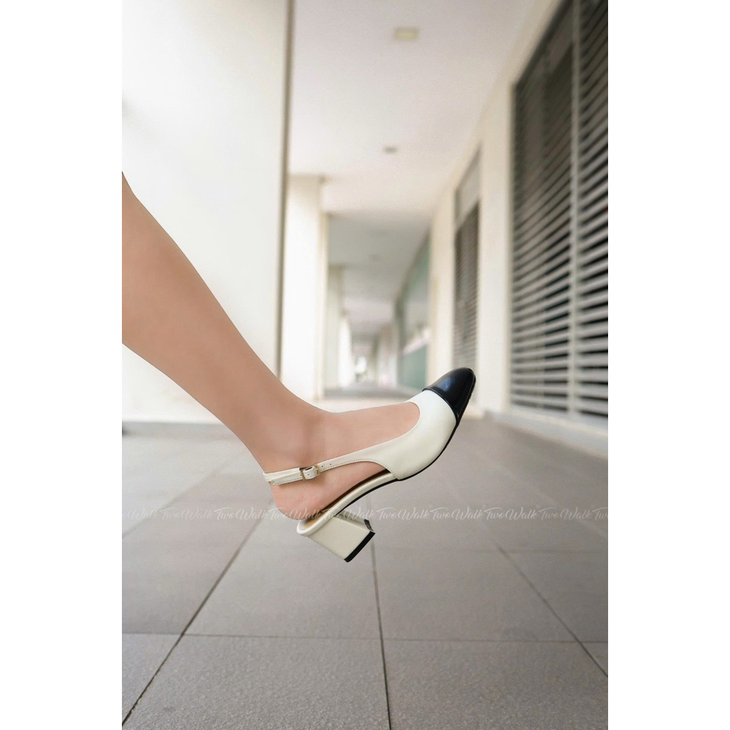 TWOWALK: Pure ( Chuẩn size)- Giày Slingback Nữ Cao Gót Da Microfiber Cao Cấp - Màu Kem/ Đen - 5cm