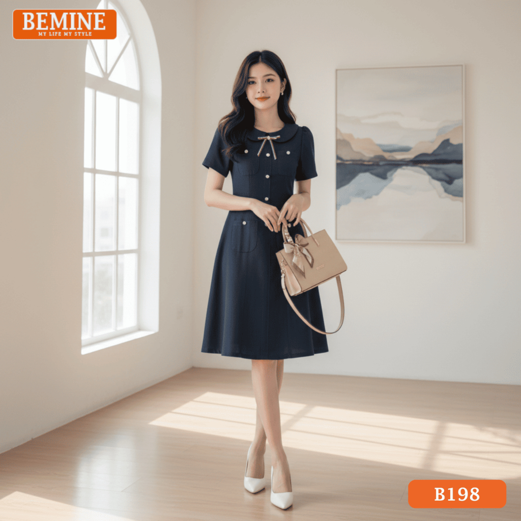 Đầm thiết kế BEMINE cổ sen đính nơ dáng chữ A phù hợp đi làm, đi chơi-B198