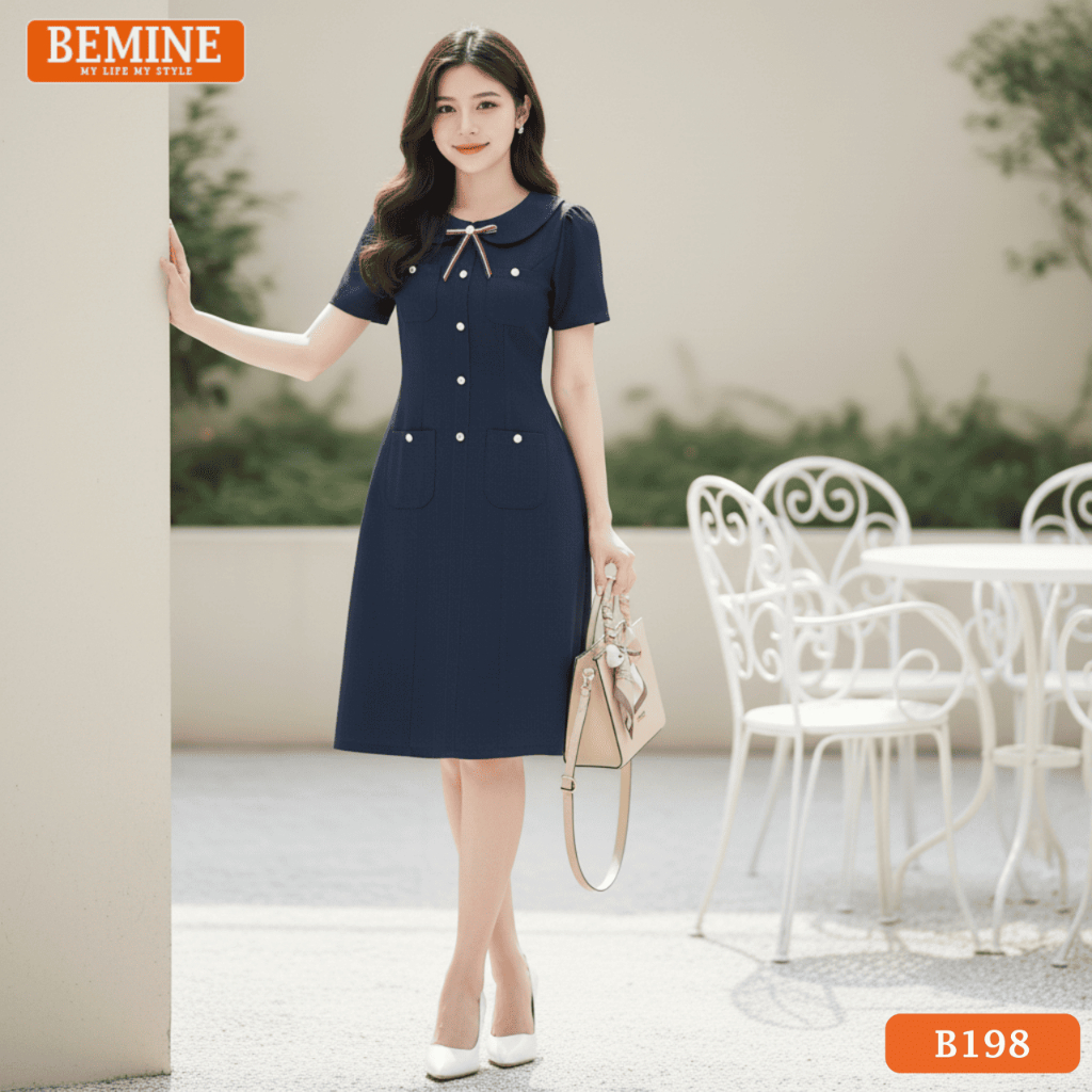 Đầm thiết kế BEMINE cổ sen đính nơ dáng chữ A phù hợp đi làm, đi chơi-B198