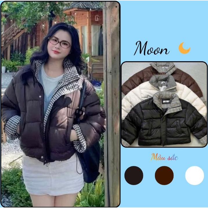 ÁO KHOÁC PHAO DA NỮ HỌA TIẾT PHỐI CARO TAY KẺ CHẤT PHAO 3 LỚP DÀY DẶN FORM BOXY