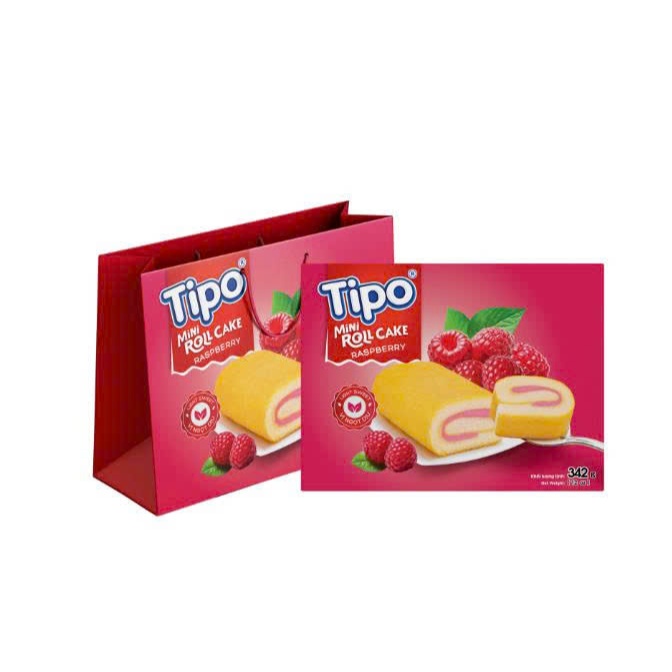 (BÁNH TẾT) THÙNG 10 HỘP  Tipo Bánh Bông Lan Cuộn Kem Mâm Xôi 342g