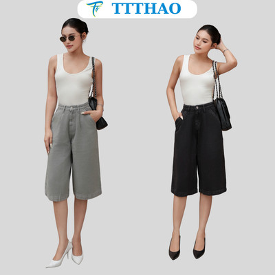 Quần short jean nữ lửng ngố ống rộng lưng cao TTTHAO chất liệu vải cao cấp thoáng mát J22