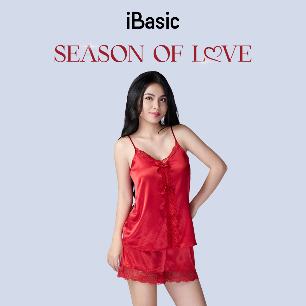 [SEASON OF LOVE] Đồ ngủ Bộ mặc nhà nữ 2 dây lụa satin phối ren iBasic gợi cảm màu đỏ Valentine HOMW0