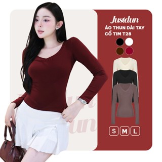 Áo Thun Nữ Cổ Tim Dài Tay JUSTDUN T28 - Ôm Body Cotton Mềm Mại Giữ Nhiệt Co Giãn 4 Chiều 