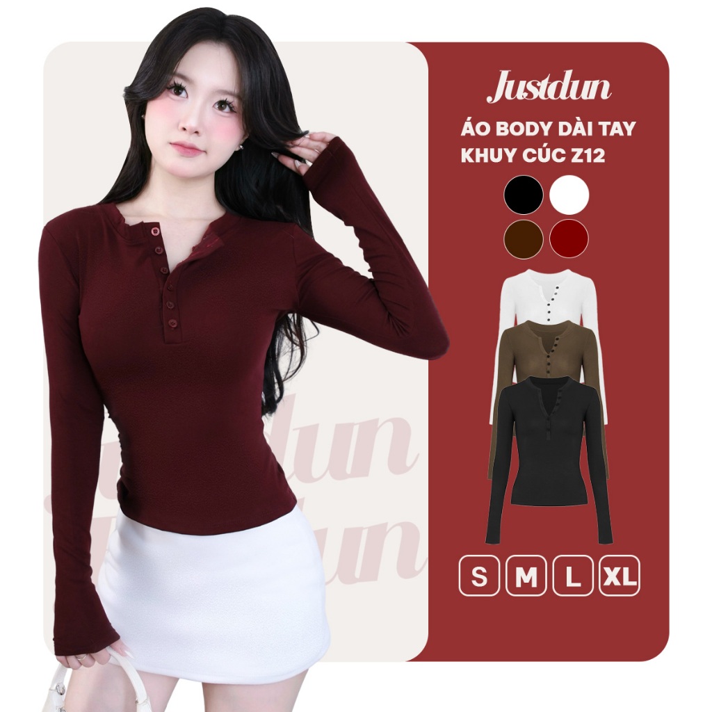 Áo Thun Nữ Dài Tay JUSTDUN Z12 -Thiết Kế Khuy Cúc Ngực, Cotton Mịn Êm Ái, Ôm Dáng, Co Giãn Thoải Mái
