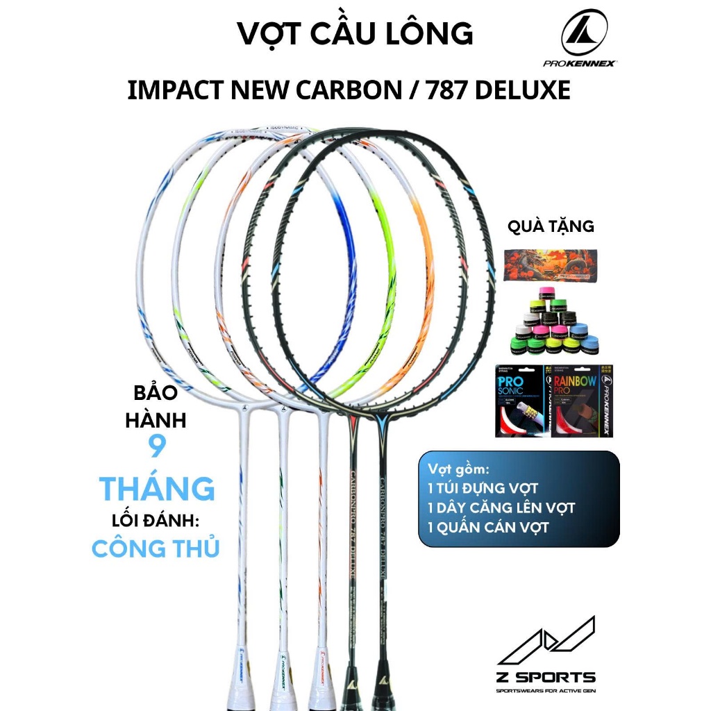[HỎA TỐC HCM] Vợt cầu lông ProKennex Impact New Carbon, Carbon Pro 787 Deluxe đã đan dây 10.5kg