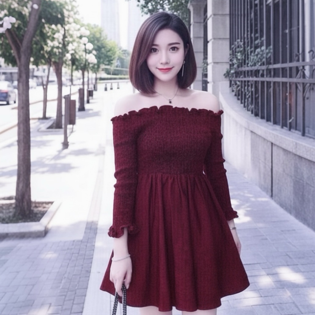 Đầm trễ vai màu đỏ nhún thun ngực size S dưới 47kg (kèm hình thật)