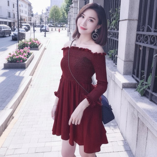 Đầm trễ vai màu đỏ nhún thun ngực size S dưới 47kg (kèm hình thật)