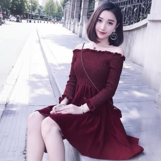 Đầm trễ vai màu đỏ nhún thun ngực size S dưới 47kg (kèm hình thật)