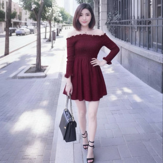 Đầm trễ vai màu đỏ nhún thun ngực size S dưới 47kg (kèm hình thật)