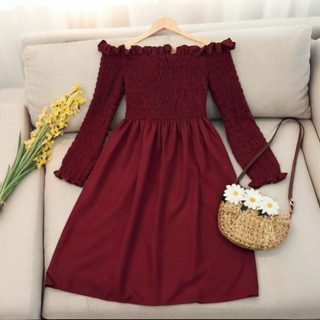 Đầm trễ vai màu đỏ nhún thun ngực size S dưới 47kg (kèm hình thật)