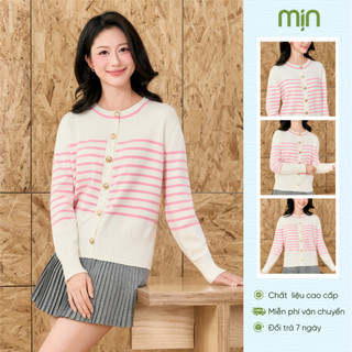 Áo khoác cardigan nữ cổ tròn Mịn CD03 phối sọc hồng len dệt kim mềm mại trẻ trung thanh lịch