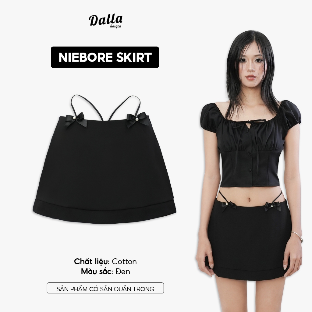 DALLA Chân váy ngắn nữ cạp trễ phối nơ (CV32)