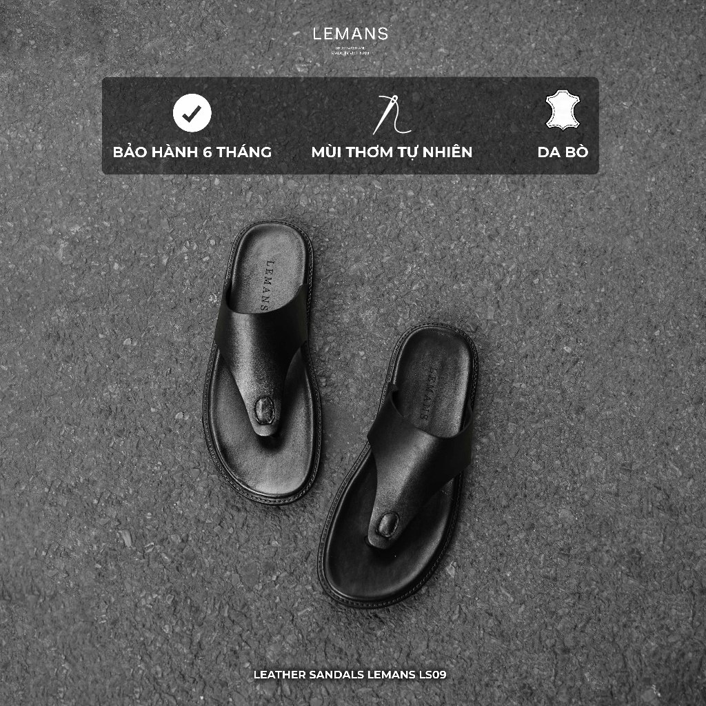 Dép xỏ ngón nam LEMANS màu đen da bò - LS09.1, đế cao su có mùi thơm, Bảo hành 06 tháng
