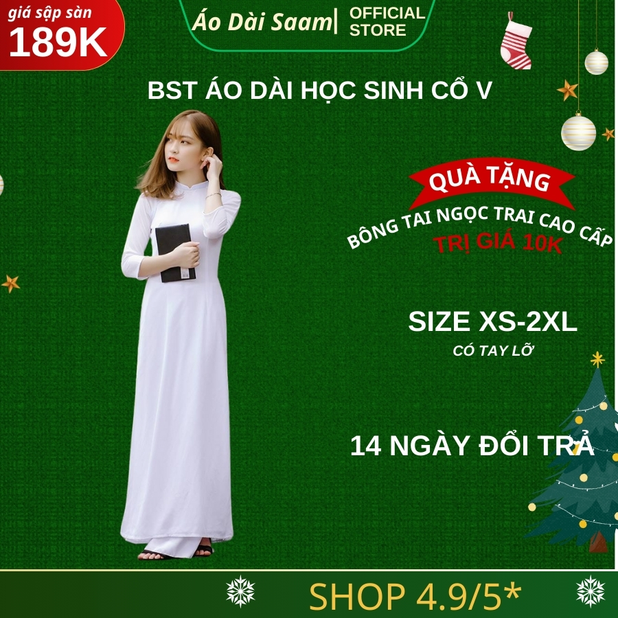 Áo dài học sinh nữ trắng  saam 2 tà tay lỡ cổ V lụa mỹ đồng phục kỉ yếu đi học, họp lớp, họp khóa