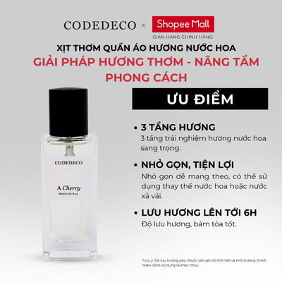 Xịt thơm quần áo hương nước hoa CODEDECO A Cherry 30ml Ngọt ngào, Nữ tính từ hoa Hồng, Nâm Xôi và Vanilla