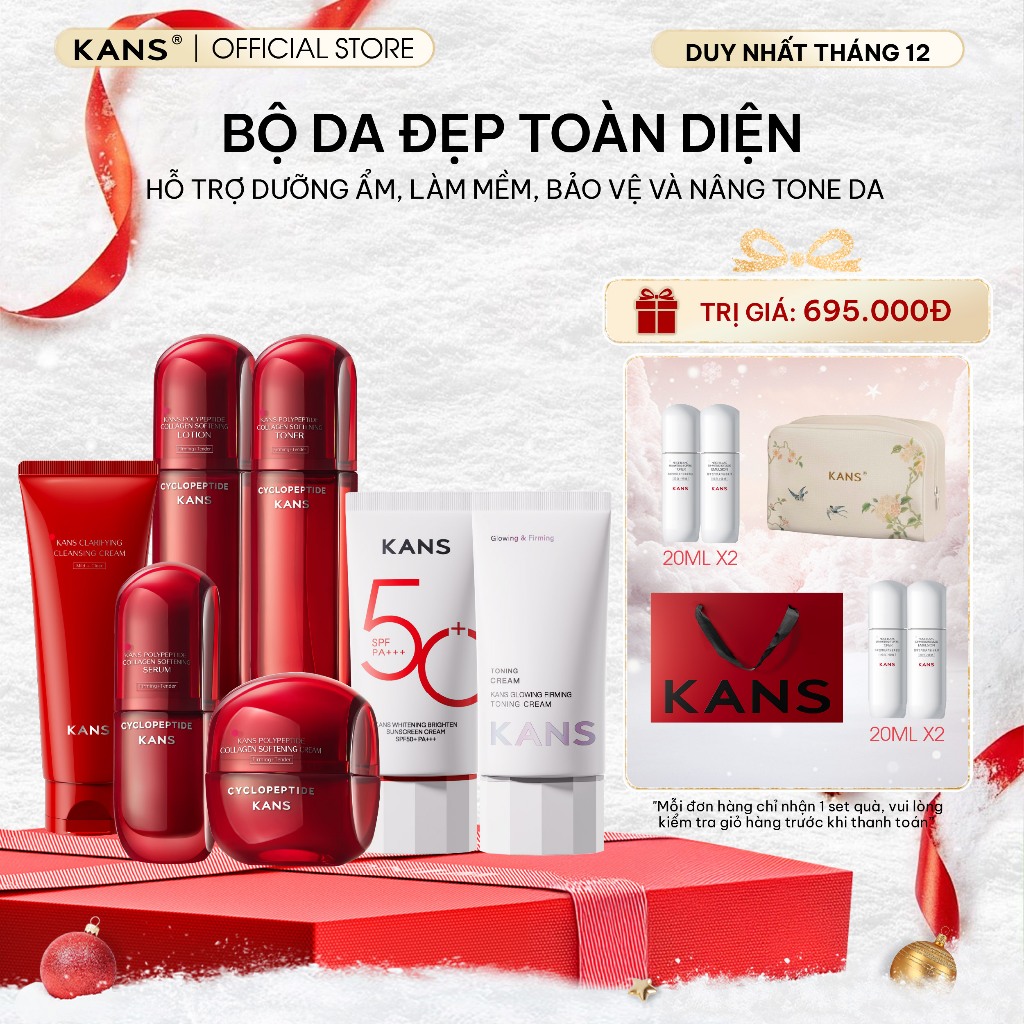 Combo Set Kans Bộ Dưỡng Da Mặt Kans Đỏ Chống Lão Hóa Cấp Ẩm Bổ Sung Collagen, Kem Chống Nắng SPF 50+PA+++, Kem Nâng Tông