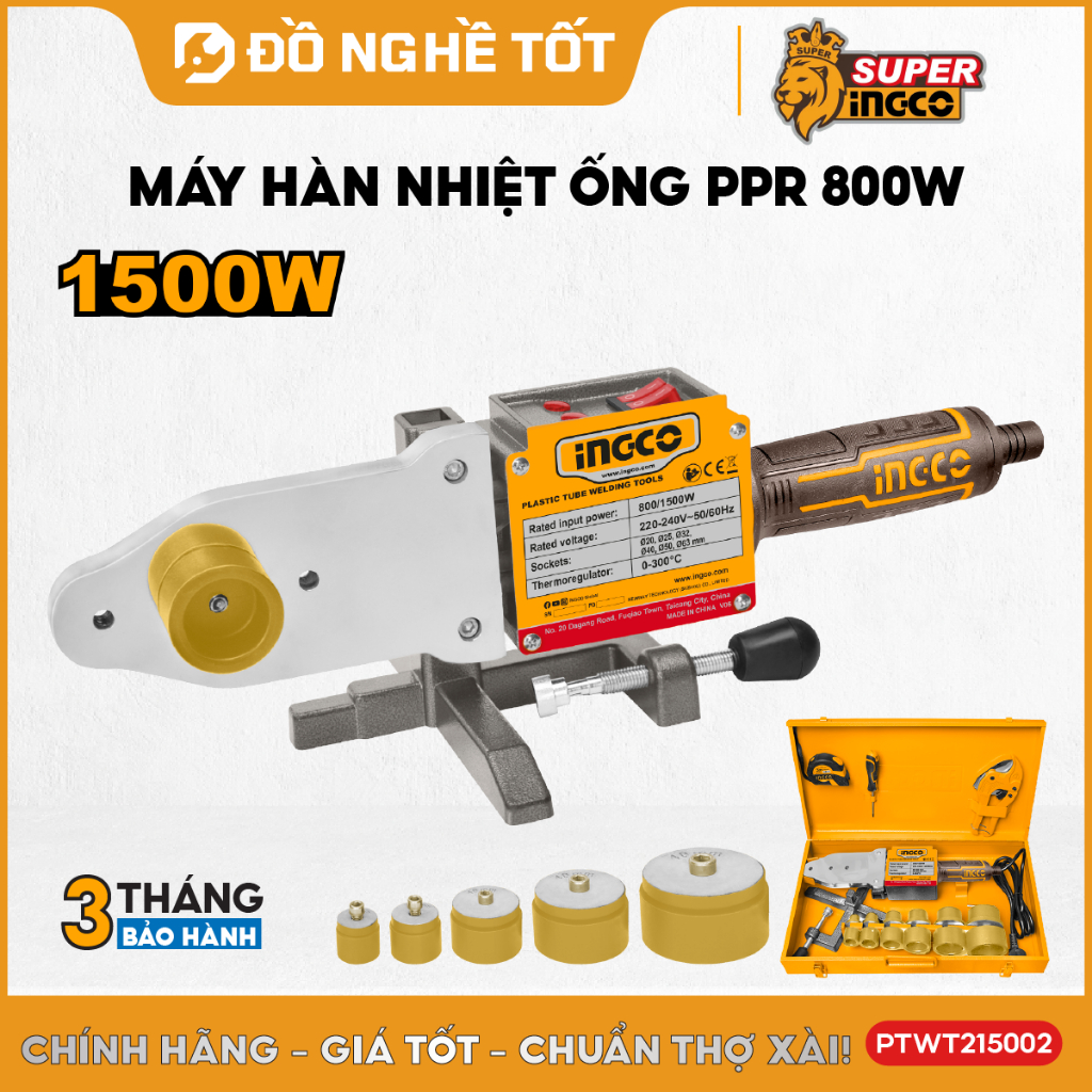Máy hàn nhiệt ống ppr INGCO PTWT215002, chỉnh nhiệt đến 300°C, hàn nối các loại ống nhựa PVC, HDPE,...