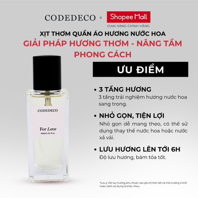 Xịt thơm quần áo hương nước hoa CODEDECO For Love 30ml Ngọt ngào, Đằm thắm từ Hoa và Trái cây