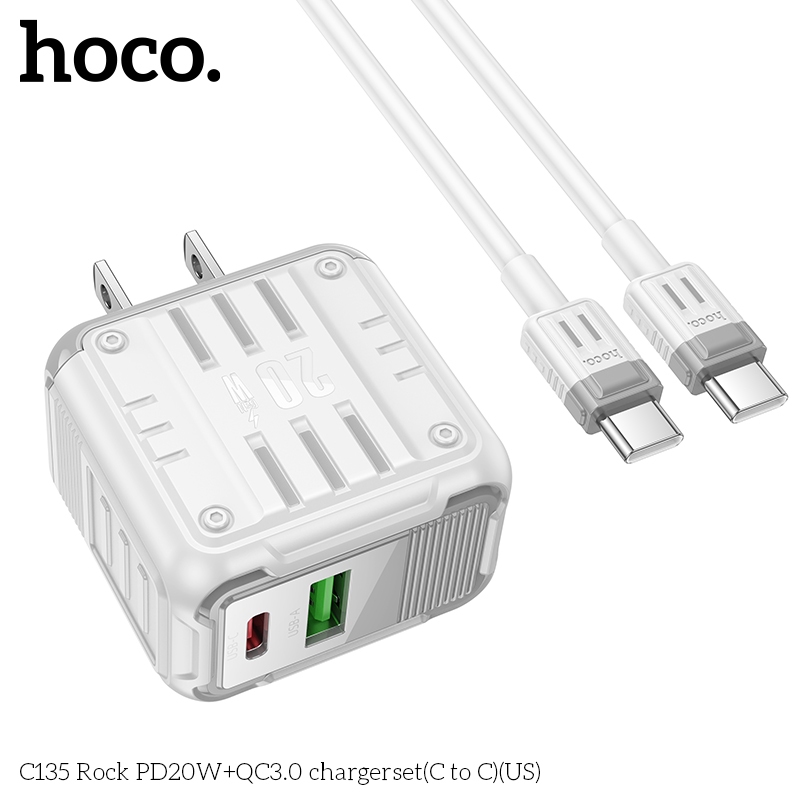 Bộ sạc nhanh PD20W+ QC3.0 Hoco C135 kèm dây sạc Type-C sang Type-C thiết kế nhỏ gọn, chân cắm dẹp
