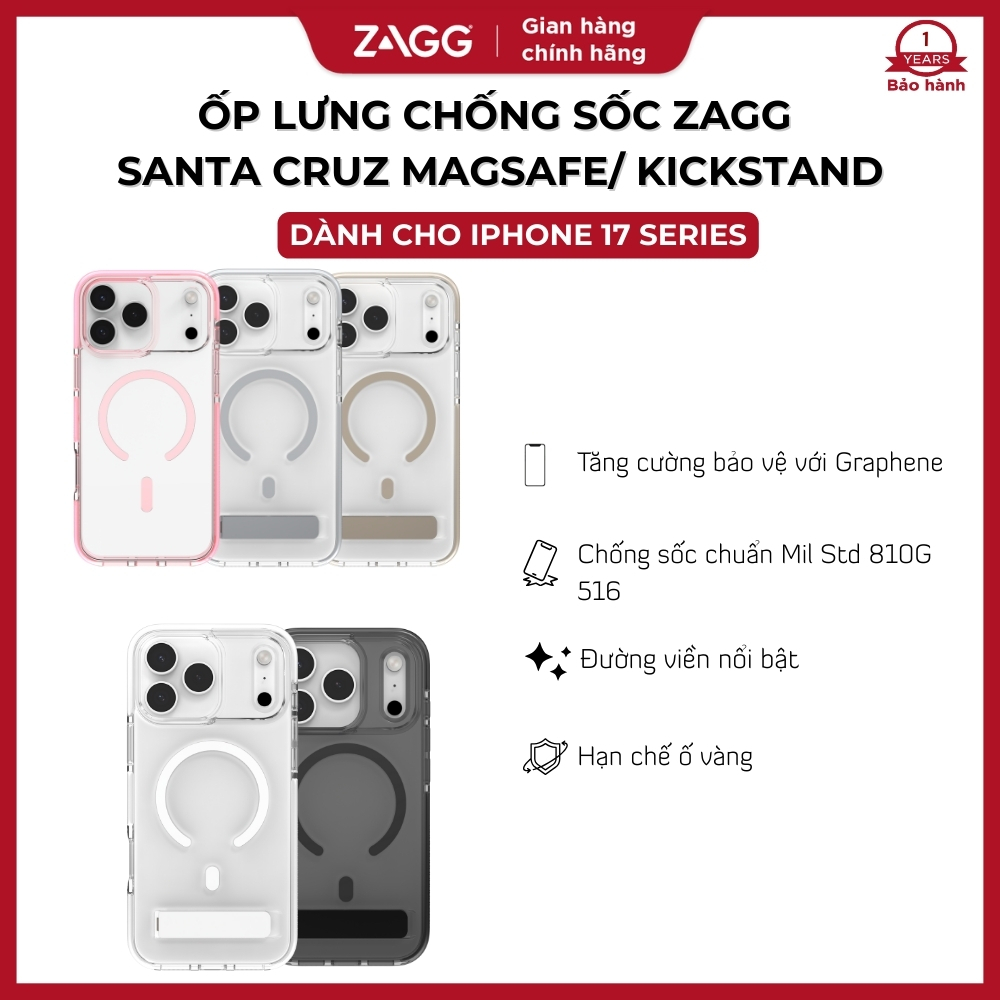 [iPhone 17 Series] Ốp lưng ZAGG Santa Cruz MagSafe/ MagSafe Kickstand chống sốc đến 4m, tăng cường b
