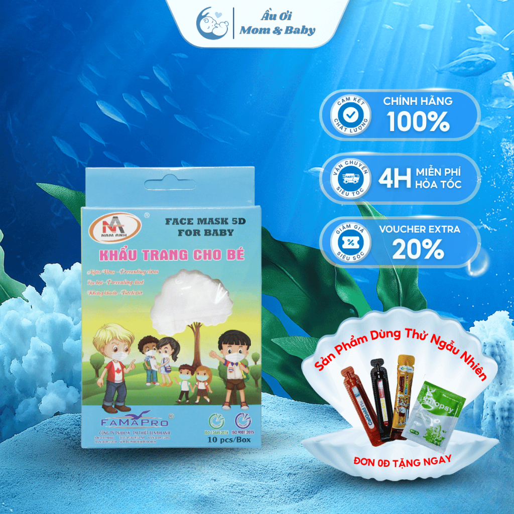 Khẩu Trang Nam Anh Famapro 5D Kids  cho bé 3 tới 10 tuổi loại  5D 3 lớp Vải Không Dệt - Hộp 10 cái