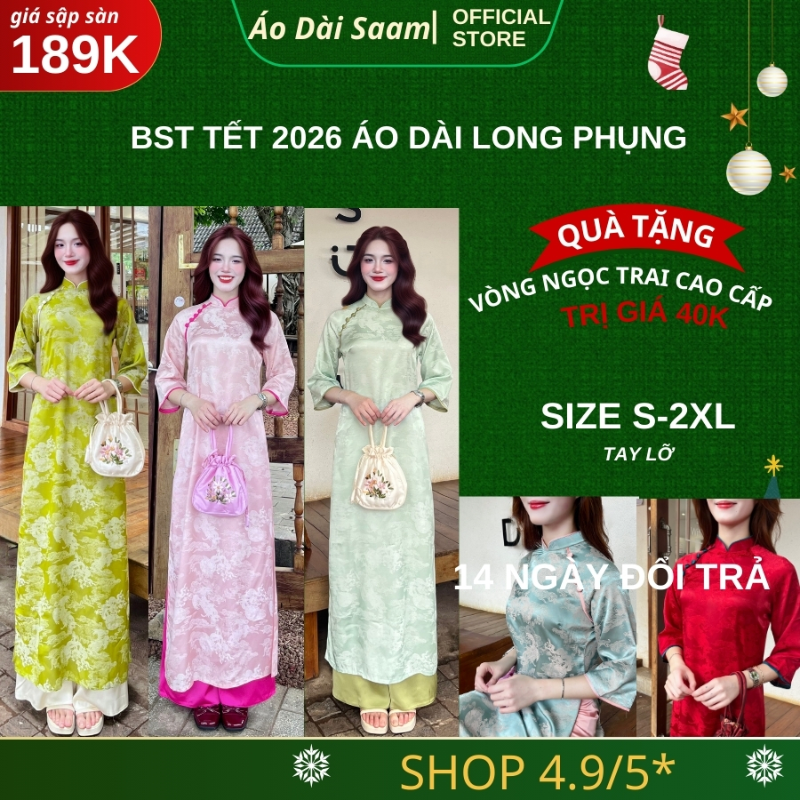  Áo dài gấm Long Phụng nữ cách tân mặc dịp Tết 2025 xu hướng màu đỏ đô hồng xanh mint xanh cốm 