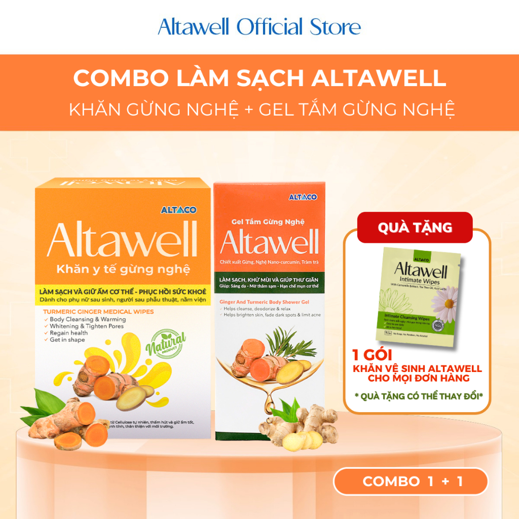 Combo Làm Sạch Altawell Khăn Y Tế Gừng Nghệ & Gel Tắm Gừng Nghệ Hỗ Trợ Làm Sạch, Khử Mùi, Hỗ Trợ Sán