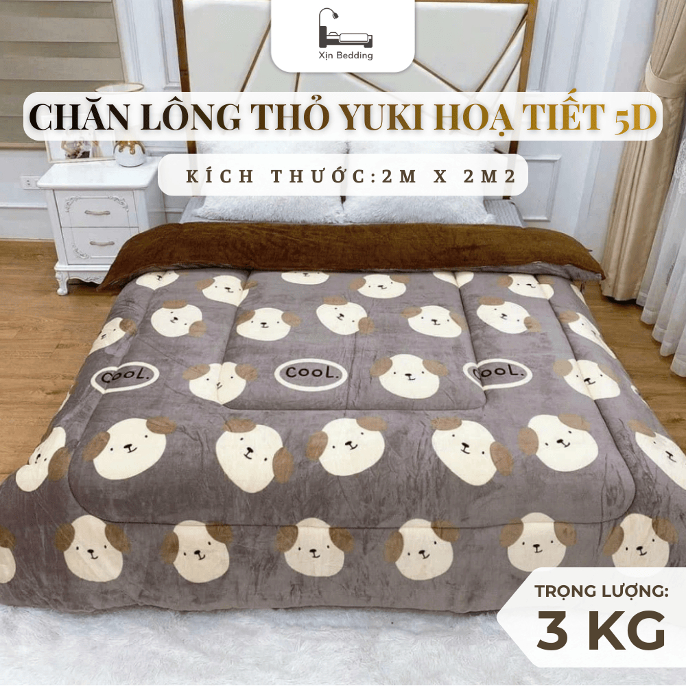 CHĂN LÔNG THỎ YUKI HOẠ TIẾT 5D, CHĂN ĐẠI HÀN KÍCH THƯỚC LỚN 2M*2M2 NẶNG 3KG SIÊU DÀY DẶN