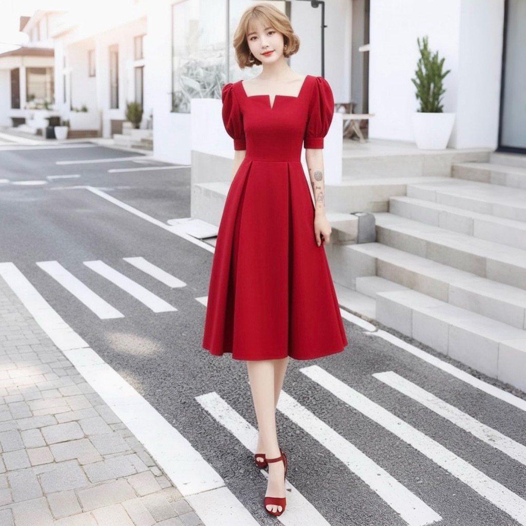 Đầm midi đỏ noel, chụp hình tết váy dự tiệc cổ khoá form dài (kèm hình thật)