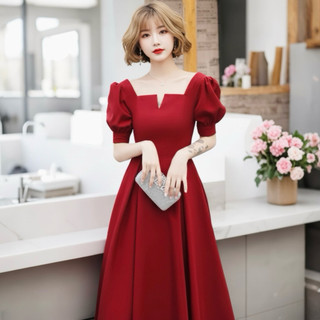 Đầm midi đỏ noel, chụp hình tết váy dự tiệc cổ khoá form dài (kèm hình thật)
